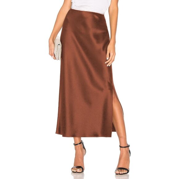 Women's Brown Satin Elastic Silk Slip A Line Flowy Ruffle Cocktail Midi Skirt
